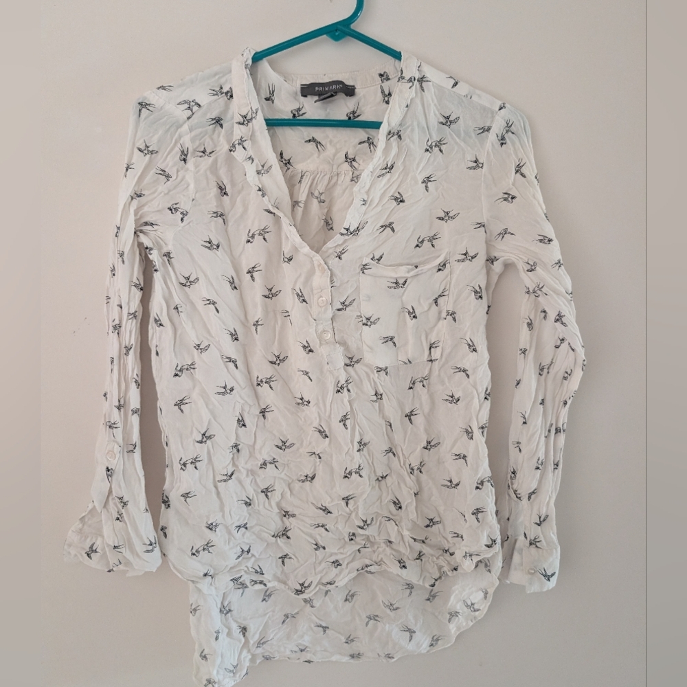 Primark White Button Down with Bird Pattern